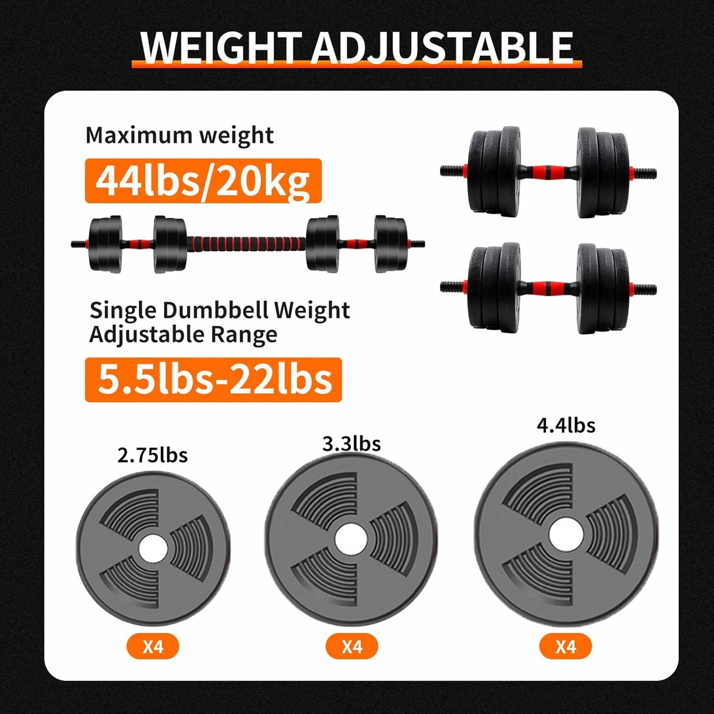 Adjustable Dumbbell & Barbell Set — 5-44lbs Anti-Slip Home Gym Strength Training Weights