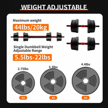 Adjustable Dumbbell & Barbell Set — 5-44lbs Anti-Slip Home Gym Strength Training Weights