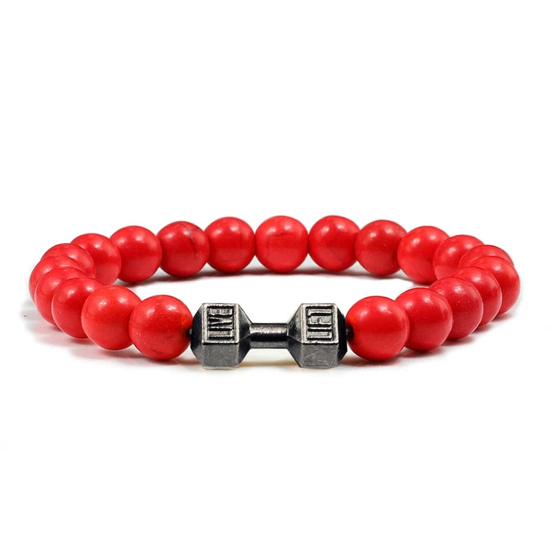 Volcanic Stone Dumbbell Bracelet — Matte Black Lava Bead Charm for Gym Lovers