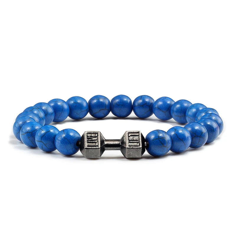 Volcanic Stone Dumbbell Bracelet — Matte Black Lava Bead Charm for Gym Lovers