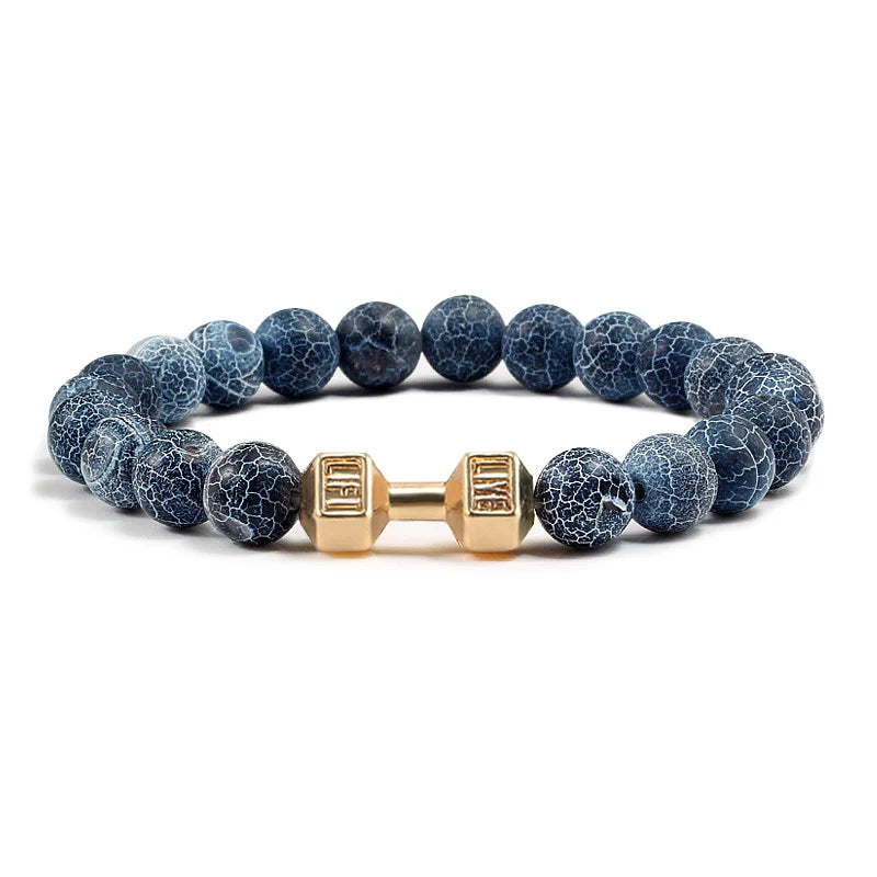 Volcanic Stone Dumbbell Bracelet — Matte Black Lava Bead Charm for Gym Lovers