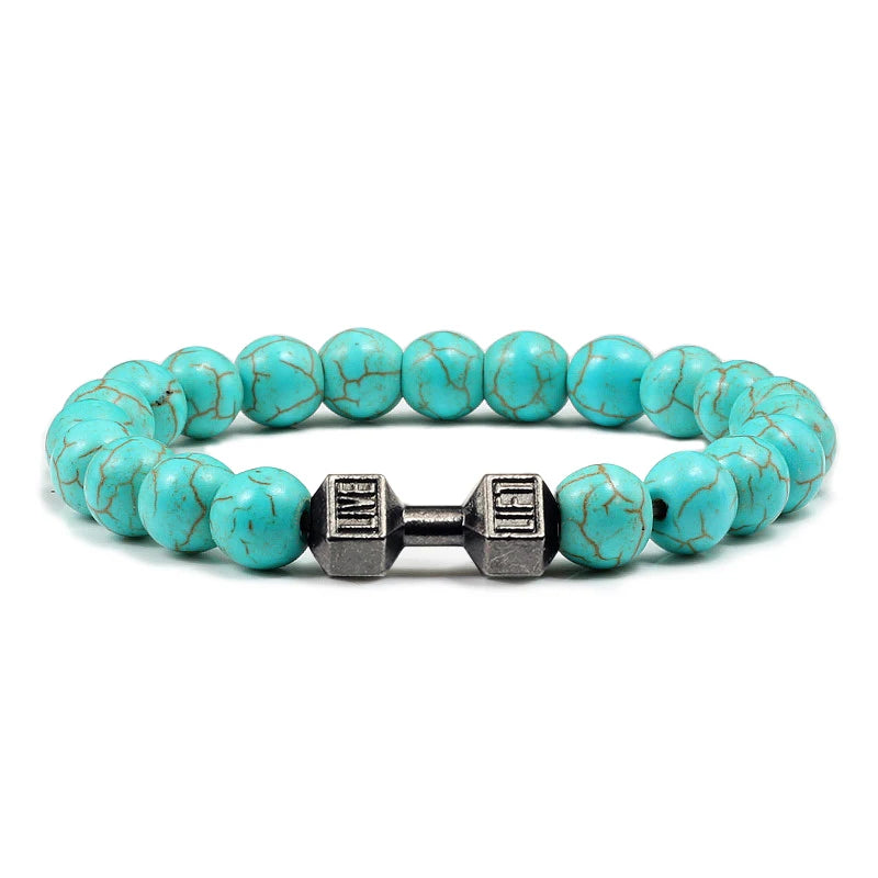 Volcanic Stone Dumbbell Bracelet — Matte Black Lava Bead Charm for Gym Lovers
