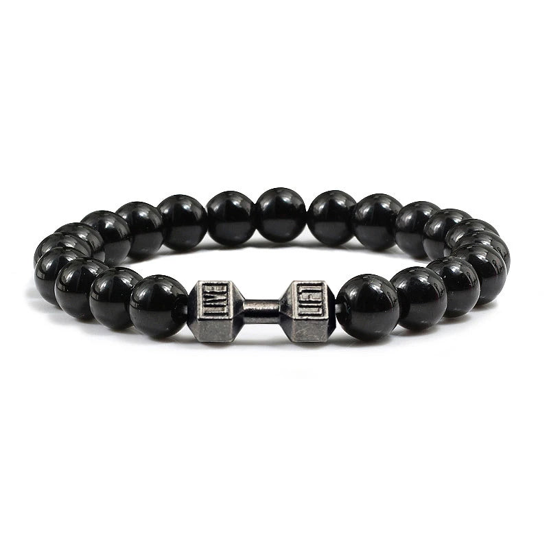 Volcanic Stone Dumbbell Bracelet — Matte Black Lava Bead Charm for Gym Lovers