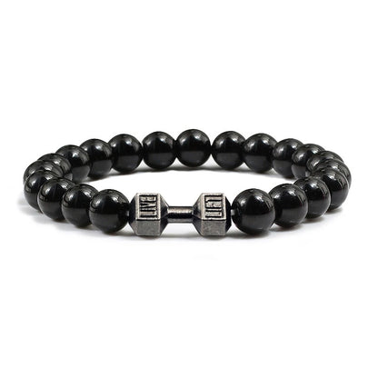 Volcanic Stone Dumbbell Bracelet — Matte Black Lava Bead Charm for Gym Lovers