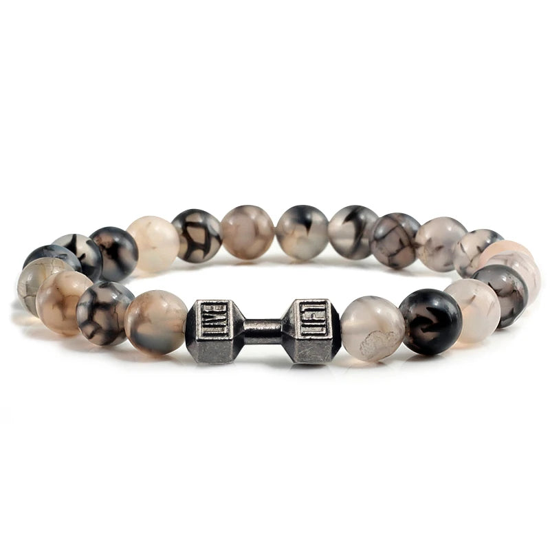 Volcanic Stone Dumbbell Bracelet — Matte Black Lava Bead Charm for Gym Lovers
