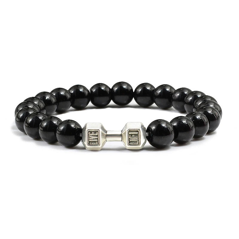 Volcanic Stone Dumbbell Bracelet — Matte Black Lava Bead Charm for Gym Lovers
