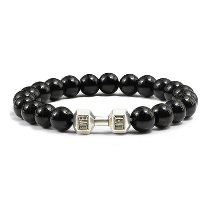 Volcanic Stone Dumbbell Bracelet — Matte Black Lava Bead Charm for Gym Lovers