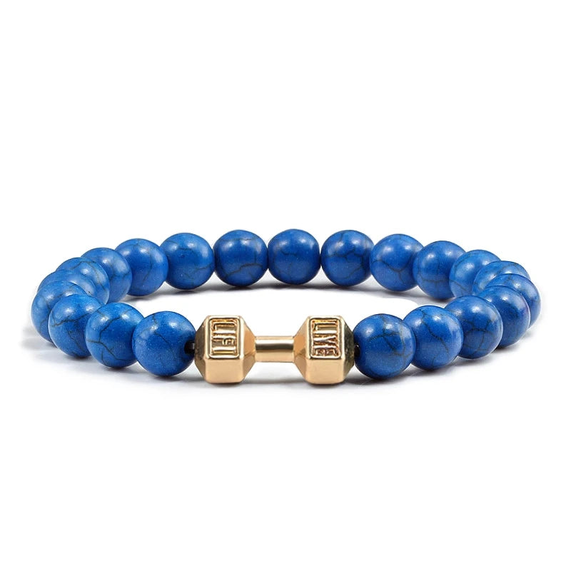 Volcanic Stone Dumbbell Bracelet — Matte Black Lava Bead Charm for Gym Lovers