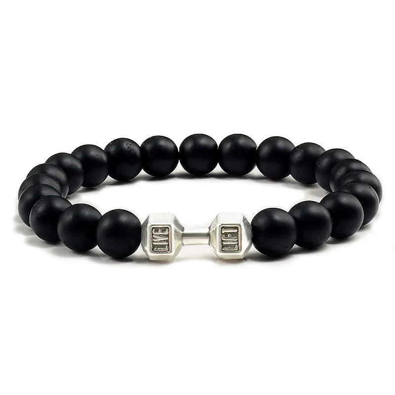 Volcanic Stone Dumbbell Bracelet — Matte Black Lava Bead Charm for Gym Lovers