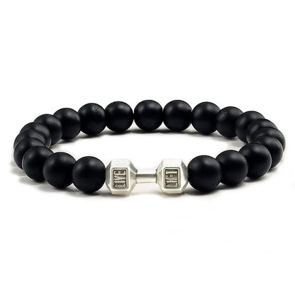 Volcanic Stone Dumbbell Bracelet — Matte Black Lava Bead Charm for Gym Lovers