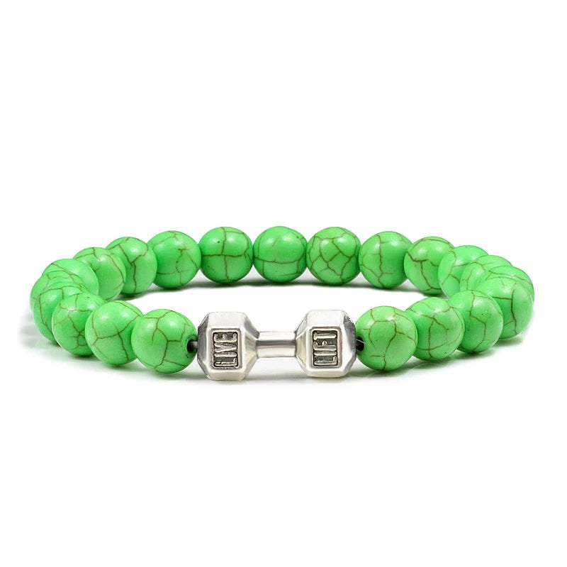 Volcanic Stone Dumbbell Bracelet — Matte Black Lava Bead Charm for Gym Lovers