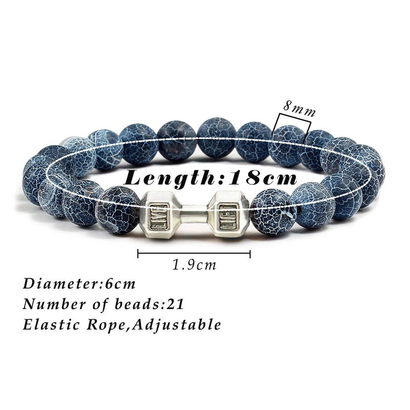 Volcanic Stone Dumbbell Bracelet — Matte Black Lava Bead Charm for Gym Lovers