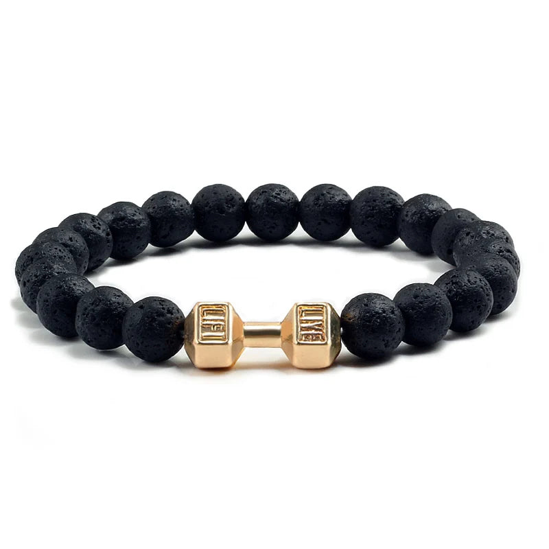 Volcanic Stone Dumbbell Bracelet — Matte Black Lava Bead Charm for Gym Lovers