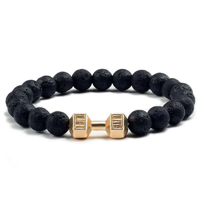 Volcanic Stone Dumbbell Bracelet — Matte Black Lava Bead Charm for Gym Lovers