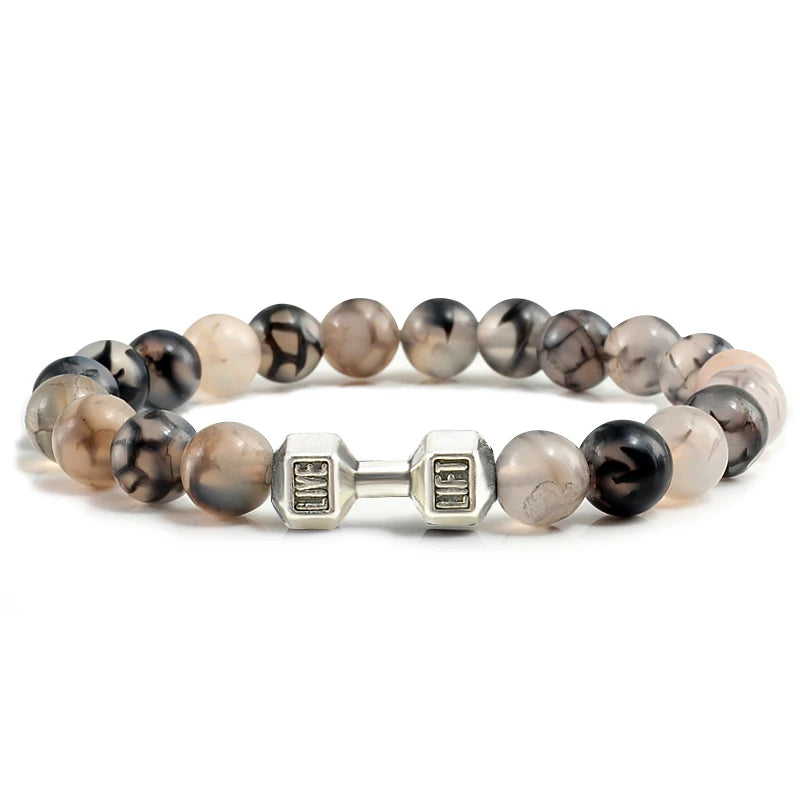 Volcanic Stone Dumbbell Bracelet — Matte Black Lava Bead Charm for Gym Lovers