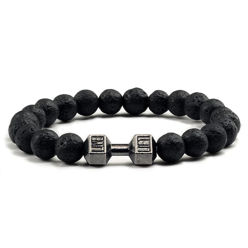Volcanic Stone Dumbbell Bracelet — Matte Black Lava Bead Charm for Gym Lovers