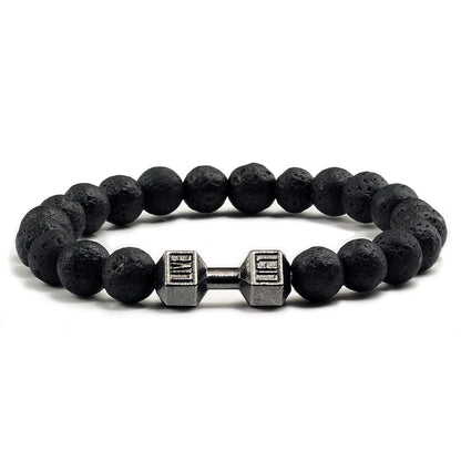 Volcanic Stone Dumbbell Bracelet — Matte Black Lava Bead Charm for Gym Lovers