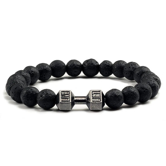 Volcanic Stone Dumbbell Bracelet — Matte Black Lava Bead Charm for Gym Lovers
