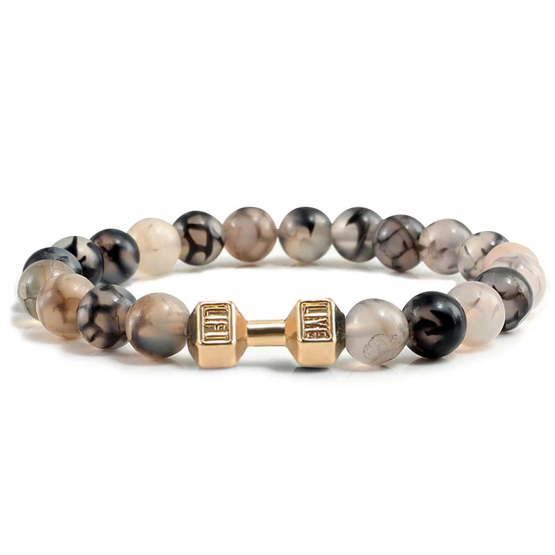 Volcanic Stone Dumbbell Bracelet — Matte Black Lava Bead Charm for Gym Lovers