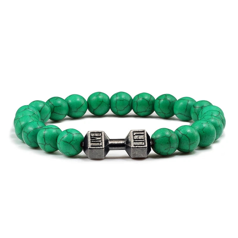 Volcanic Stone Dumbbell Bracelet — Matte Black Lava Bead Charm for Gym Lovers