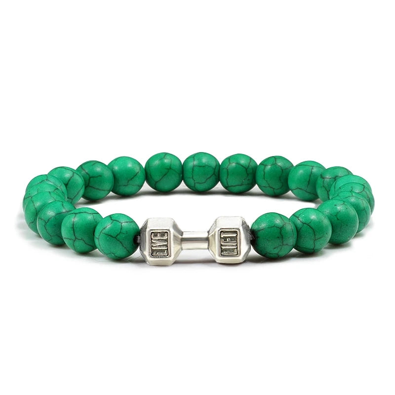 Volcanic Stone Dumbbell Bracelet — Matte Black Lava Bead Charm for Gym Lovers