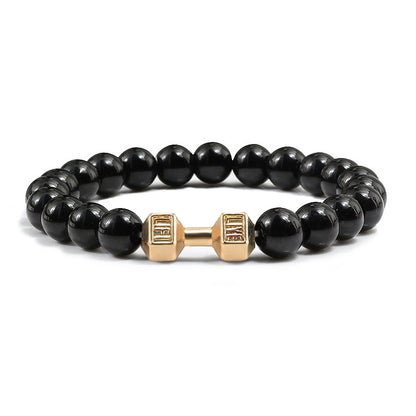 Volcanic Stone Dumbbell Bracelet — Matte Black Lava Bead Charm for Gym Lovers