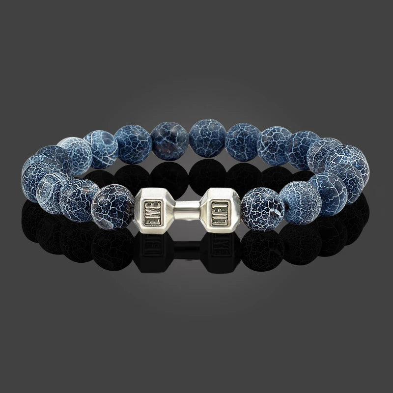 Volcanic Stone Dumbbell Bracelet — Matte Black Lava Bead Charm for Gym Lovers