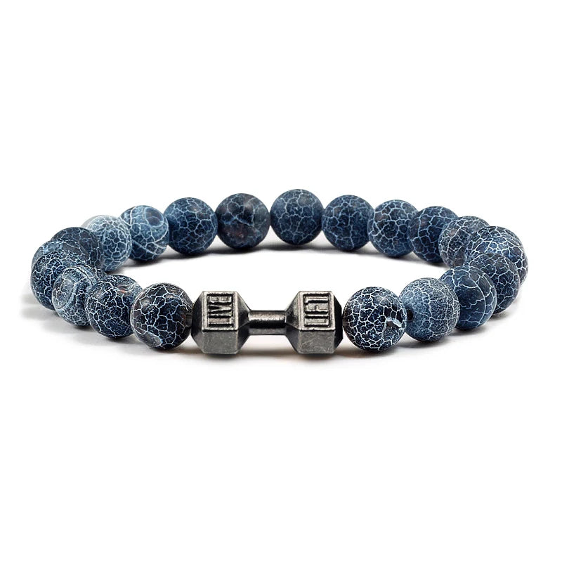 Volcanic Stone Dumbbell Bracelet — Matte Black Lava Bead Charm for Gym Lovers