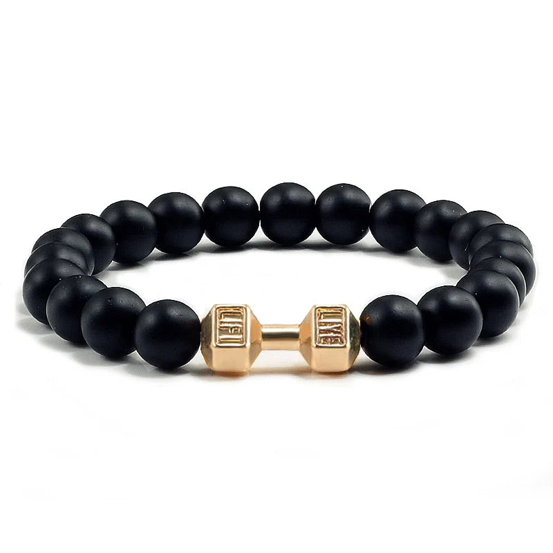 Volcanic Stone Dumbbell Bracelet — Matte Black Lava Bead Charm for Gym Lovers