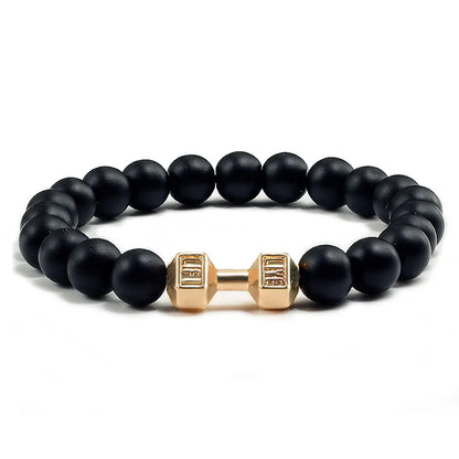 Volcanic Stone Dumbbell Bracelet — Matte Black Lava Bead Charm for Gym Lovers