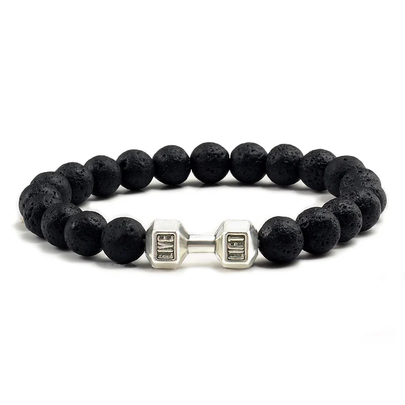 Volcanic Stone Dumbbell Bracelet — Matte Black Lava Bead Charm for Gym Lovers