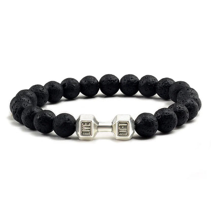 Volcanic Stone Dumbbell Bracelet — Matte Black Lava Bead Charm for Gym Lovers