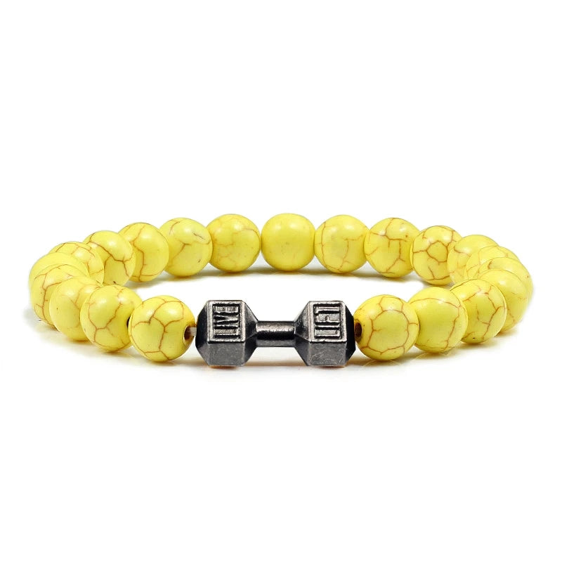 Volcanic Stone Dumbbell Bracelet — Matte Black Lava Bead Charm for Gym Lovers