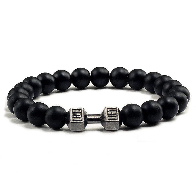 Volcanic Stone Dumbbell Bracelet — Matte Black Lava Bead Charm for Gym Lovers