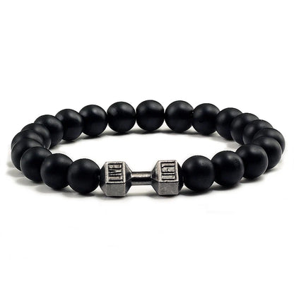Volcanic Stone Dumbbell Bracelet — Matte Black Lava Bead Charm for Gym Lovers